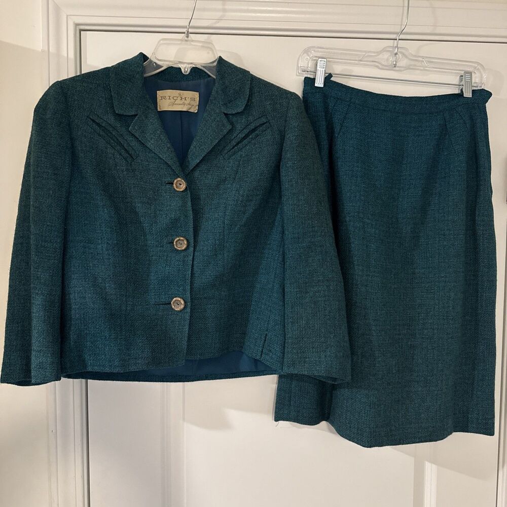 Women's VTG 60s Wool 2-pc Suit Jacket & Skirt Dark Blue/Green SMALL